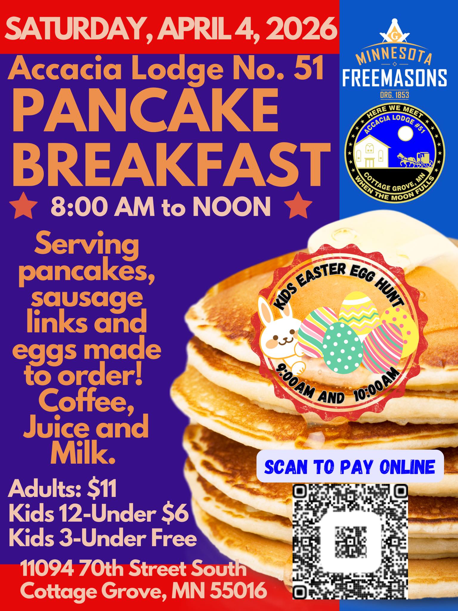 Pancake Breakfast Flyer, April 4, 2026, 8am to noon.
