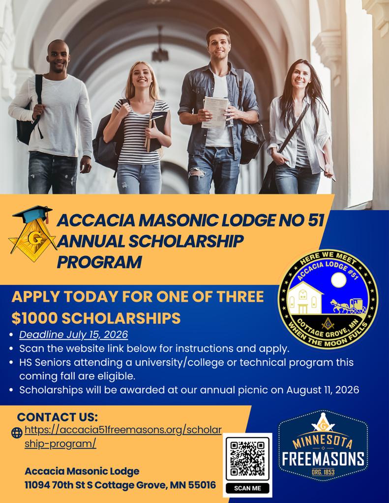APPLY TODAY FOR ONE OF THREE $1000 SCHOLARSHIPS • Deadline July 15, 2026 COTTAGE GROVE •HS Seniors attending a university/college or technical program this coming fall are eligible. • Scholarships will be awarded at our annual picnic on August 11, 2026